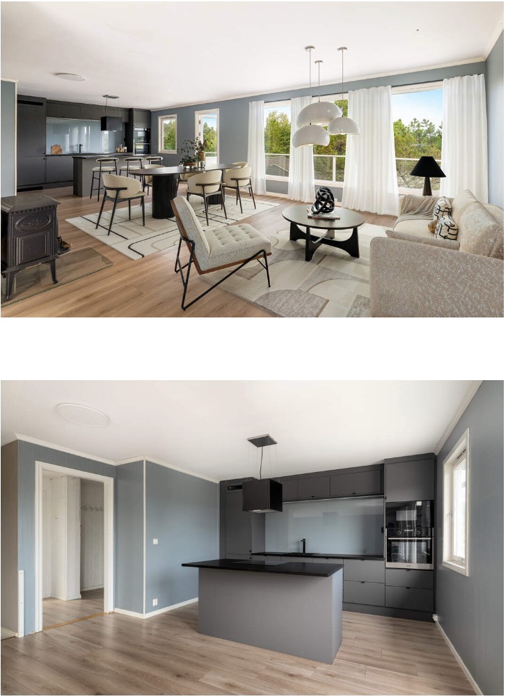 Stue, kjøkken og spisestue